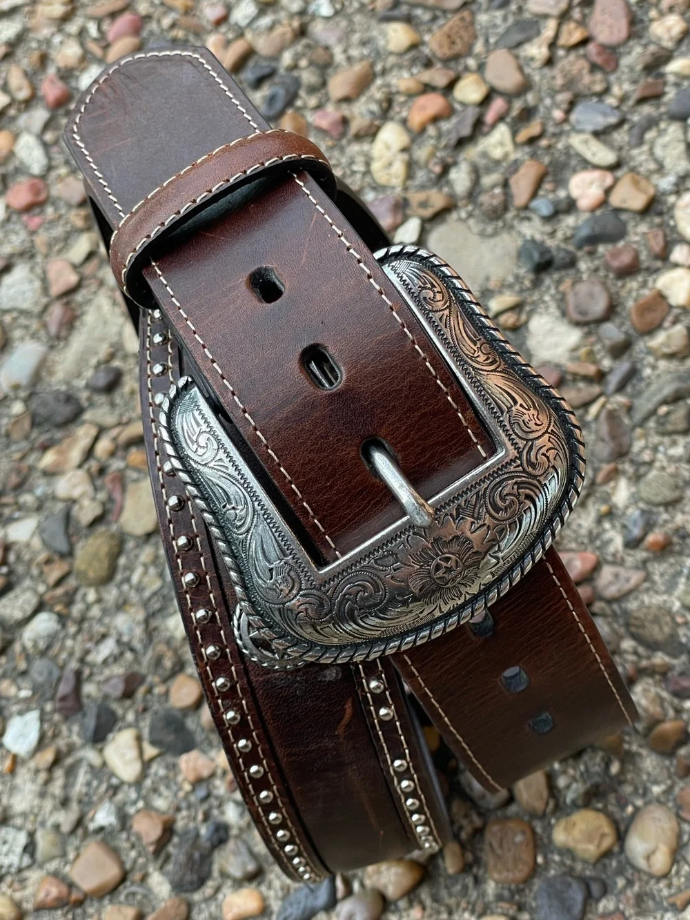 Gem-Dandy Western Leather Belt Star Concho Studded Brown Men’s Size 36